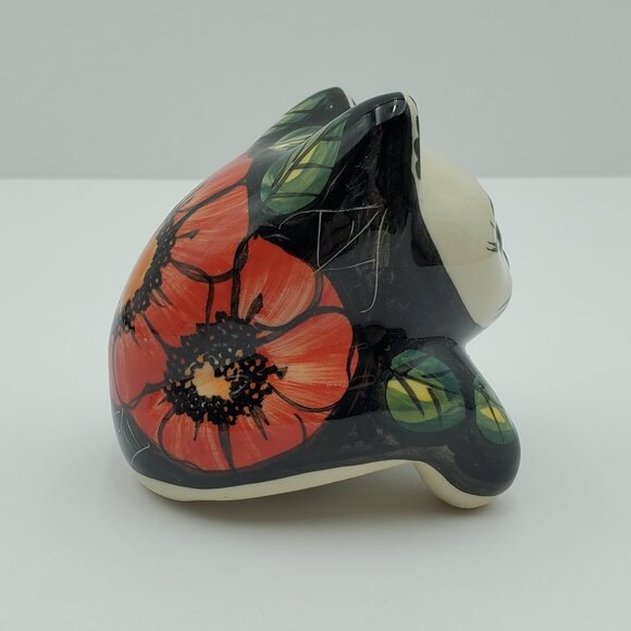 Polish Pottery Poppy Passion Cat Figurine Unikat Red Flower Cat Statue - Picture 3 of 8